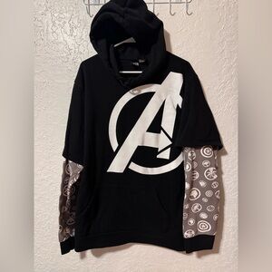 Disney Marvel Avengers Logo Hoodie Black Gray Sleeve Layered Look